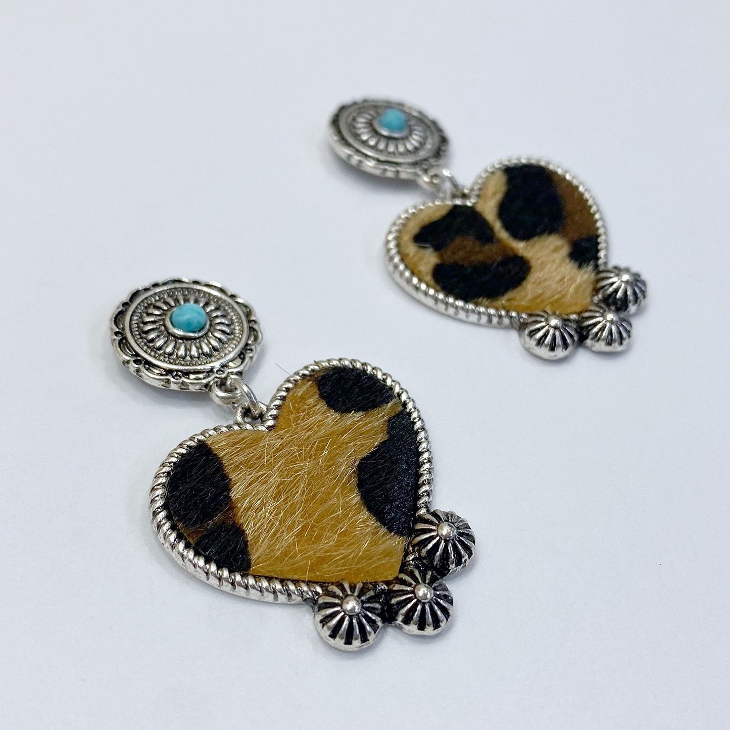 E0949 AE4107 Animal Leopard Pattern Faux Fur Heart Love Shape Drop Dangle Post earrings