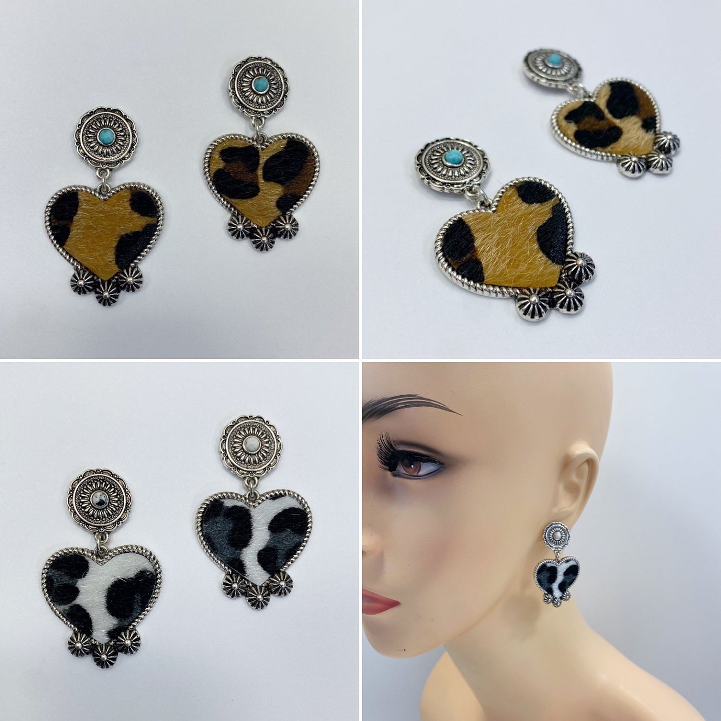 E0949 AE4107 Animal Leopard Pattern Faux Fur Heart Love Shape Drop Dangle Post earrings