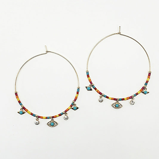 E0701 ELE1993 Evil Eye Designed Charms Decorated Beaded Hoop Earrings