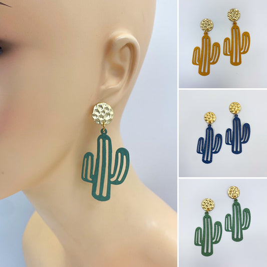 E0744 CCWCE01 Western Cactus Shape Metal Drop Dangle Post Earrings