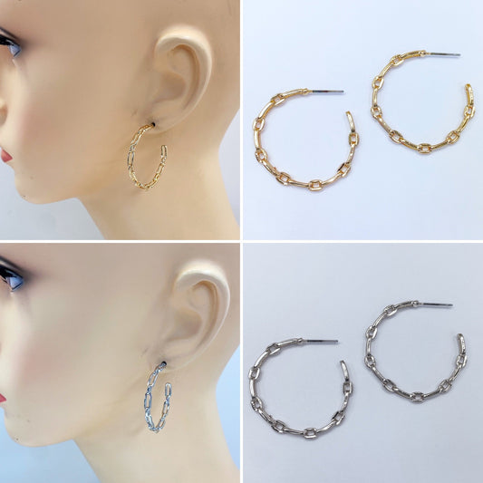 E0939 13-3758 Chain Link Design Metal Open Hoop Earrings