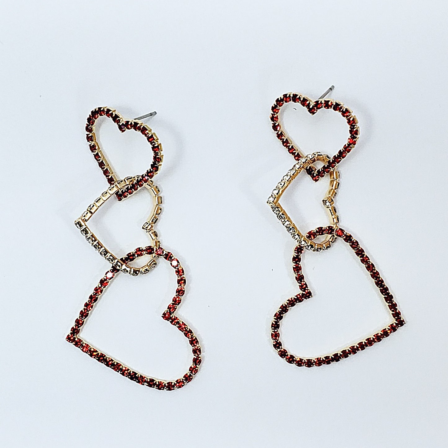E1024 27006 RHINESTONES HEART LOVE TRIPLE LINK DROP DANGLE POST EARRINGS