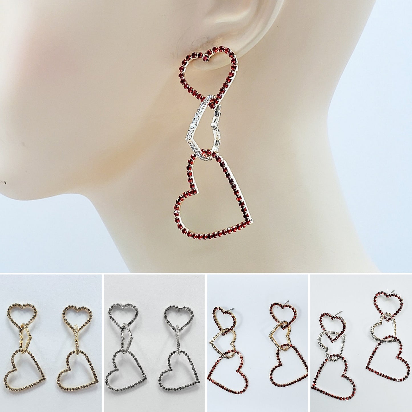E1024 27006 RHINESTONES HEART LOVE TRIPLE LINK DROP DANGLE POST EARRINGS