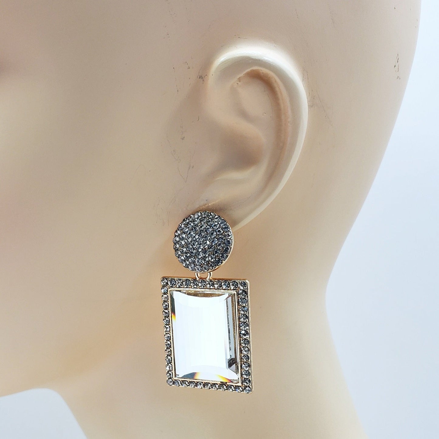 E0828 CCRDES01 Rhinestones Rectangle Drop Dangle Post Earrings