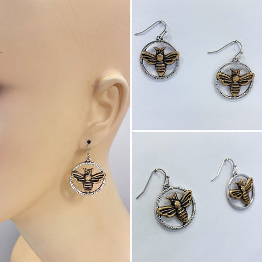 E1128 QE6648 Bee Design Circle Shape Drop Dangle Earrings