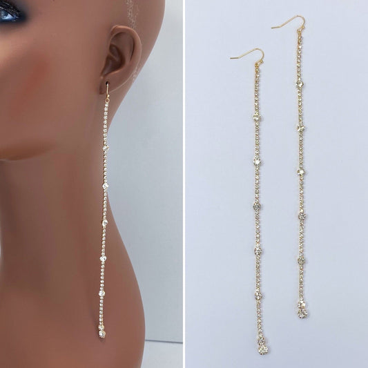 E0844 27647 Rhinestones Long Drop Dangle Earrings