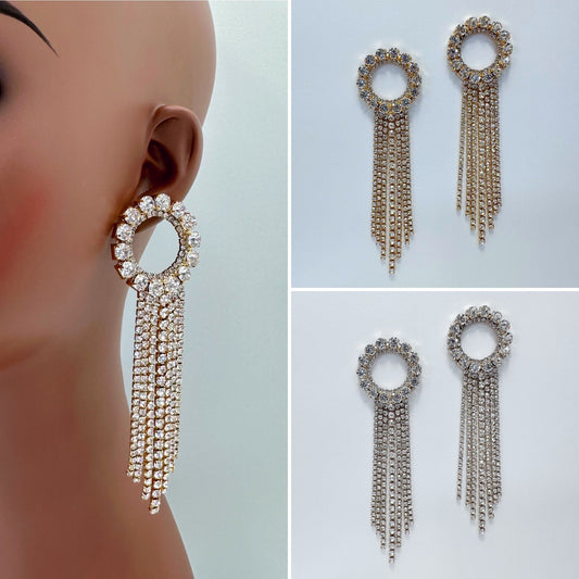 E0807 25981 Rhinestones Circle Tassel Design Drop Dangle Post Earrings