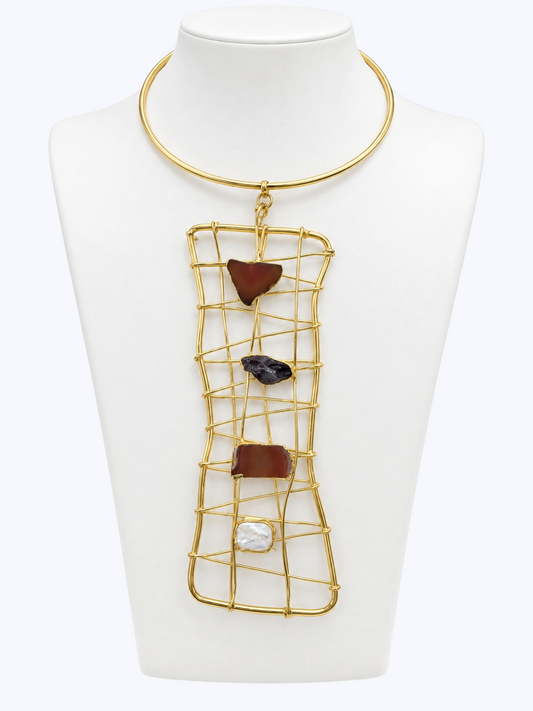 Handmade 14k Gold- Plated Mixed Natural Stone Statement Necklace | N5396