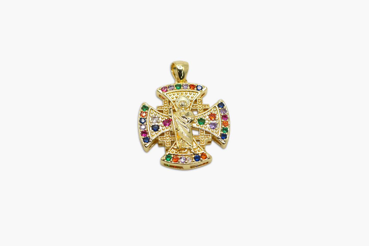 Gold cross pendant with colorful gemstones on a white background