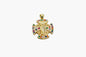 Gold cross pendant with colorful gemstones on a white background