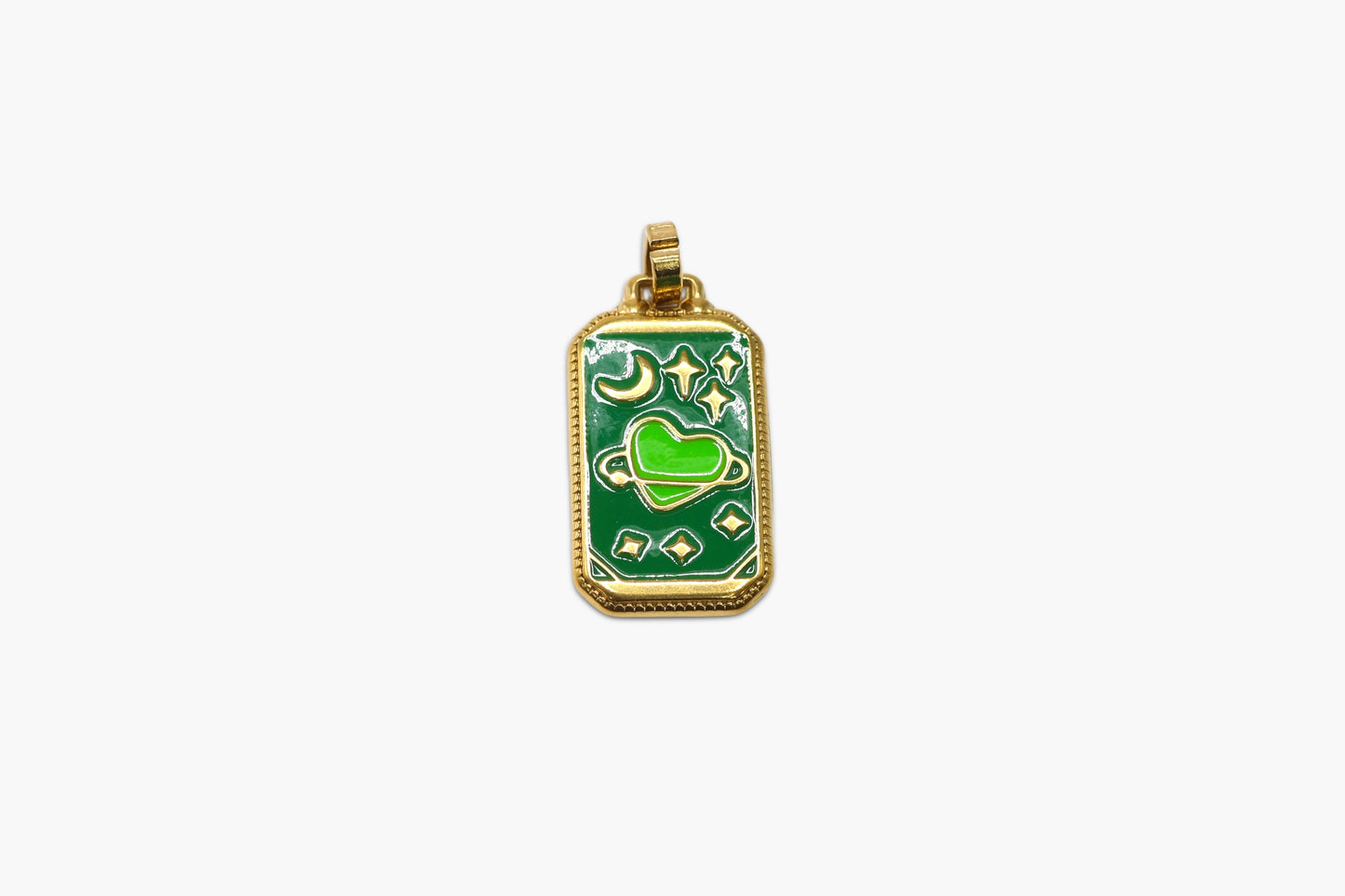 Gold pendant with green heart design on a white background