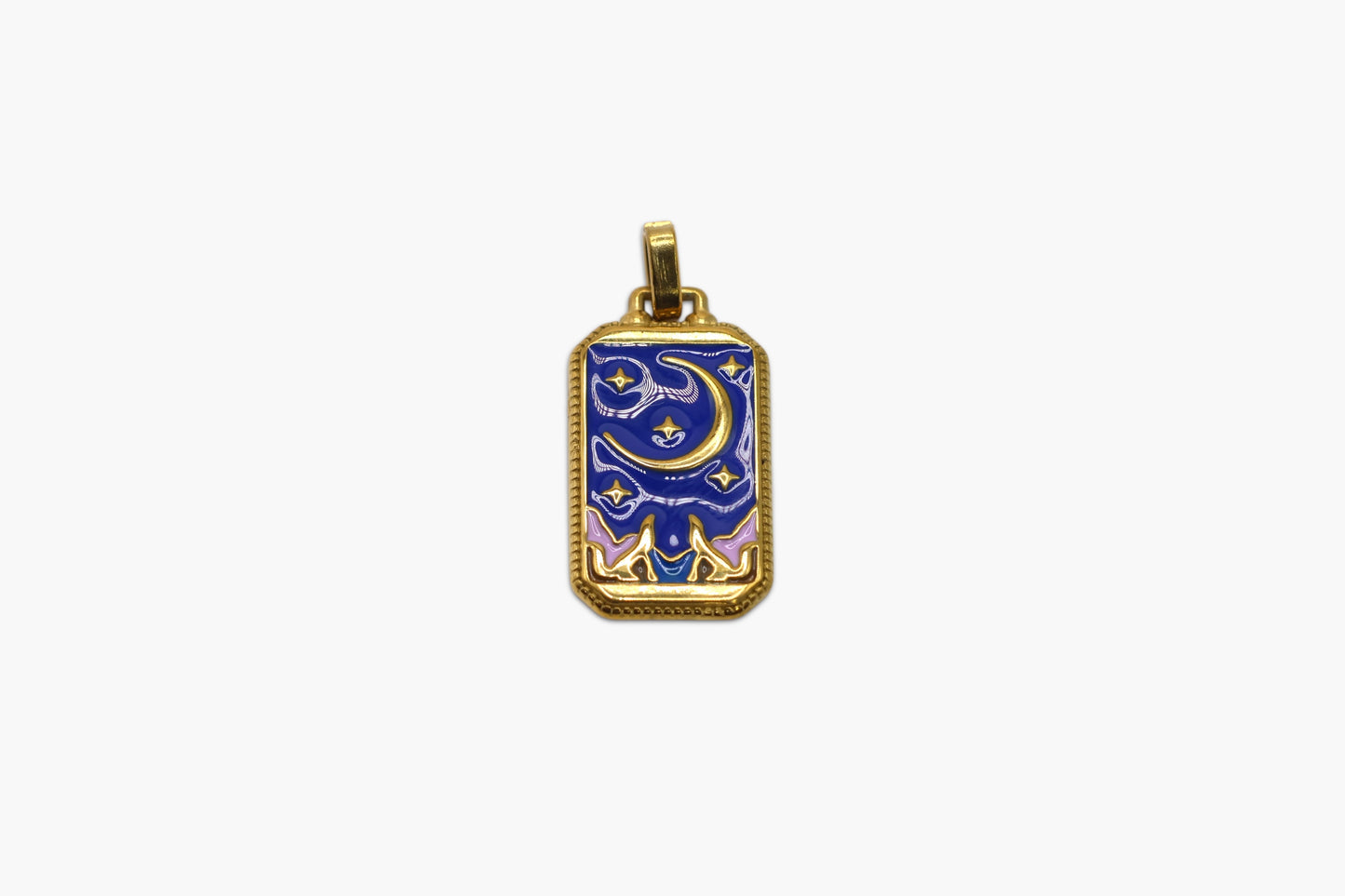 Gold pendant with blue enamel design on a white background