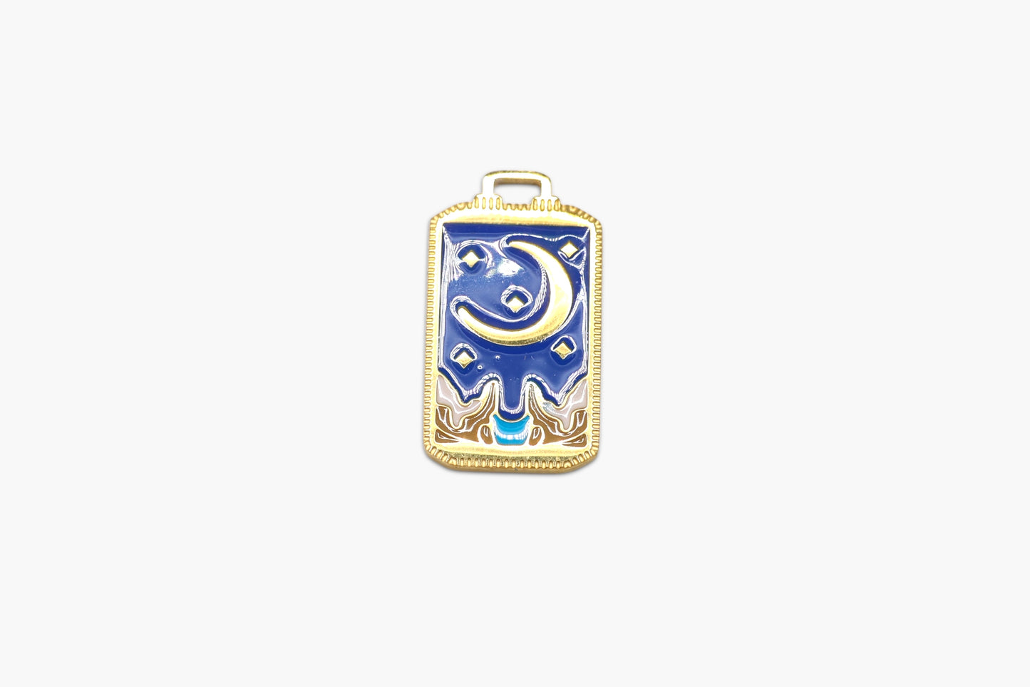 Gold pendant with blue design on a white background