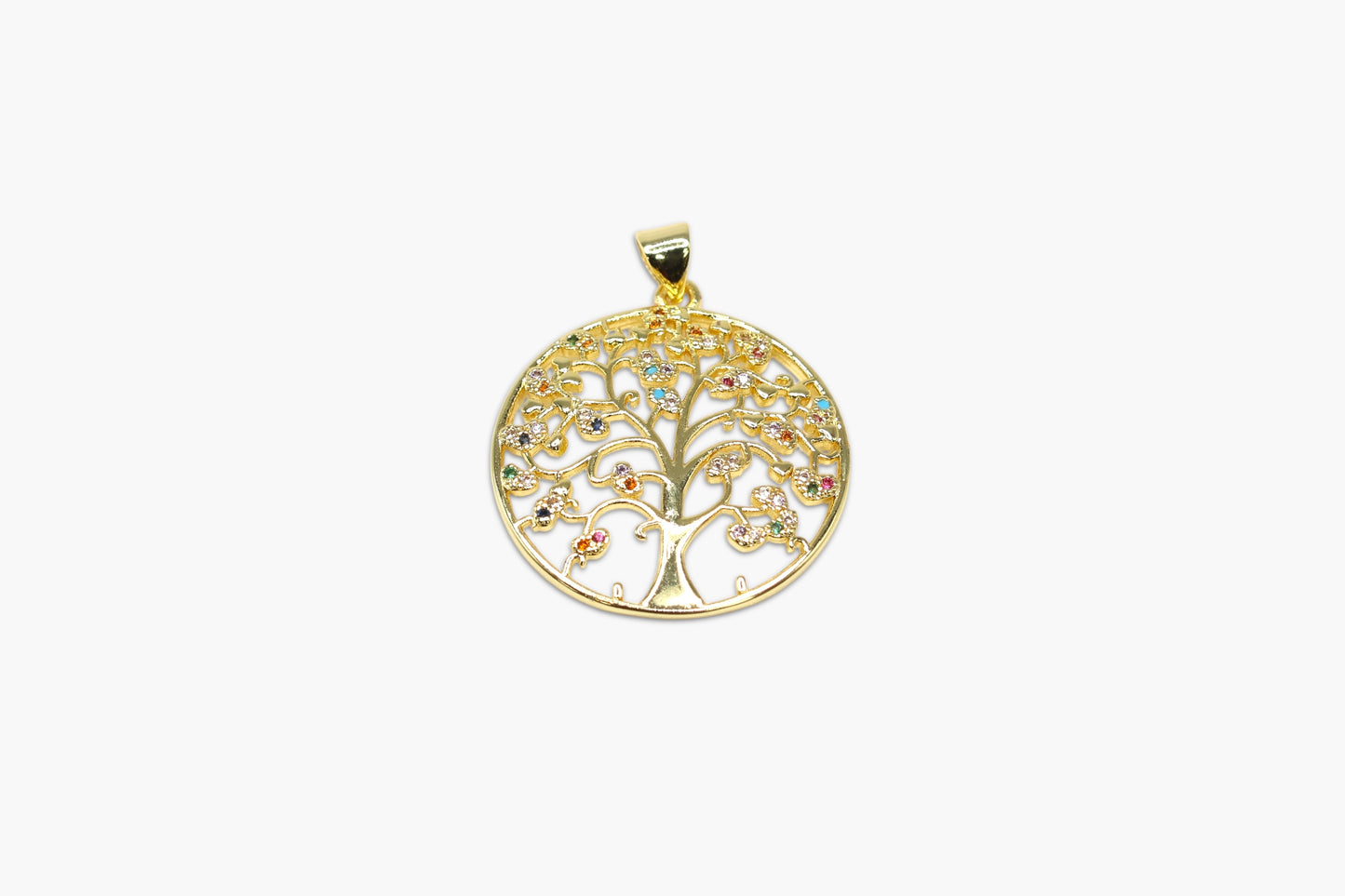 Gold tree of life pendant with colorful stones on a white background