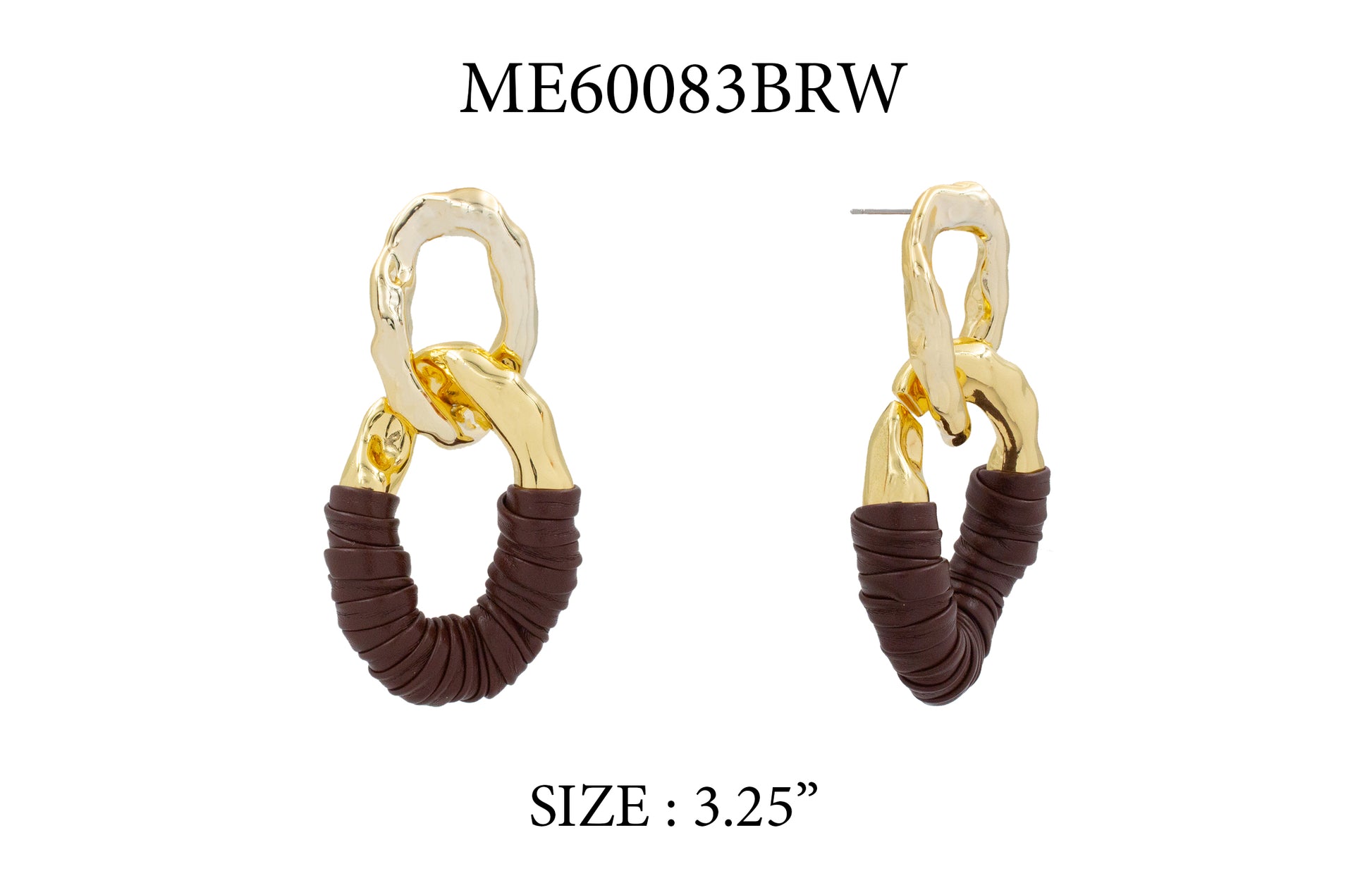 Gold and brown earrings on a white background with product code and size information.