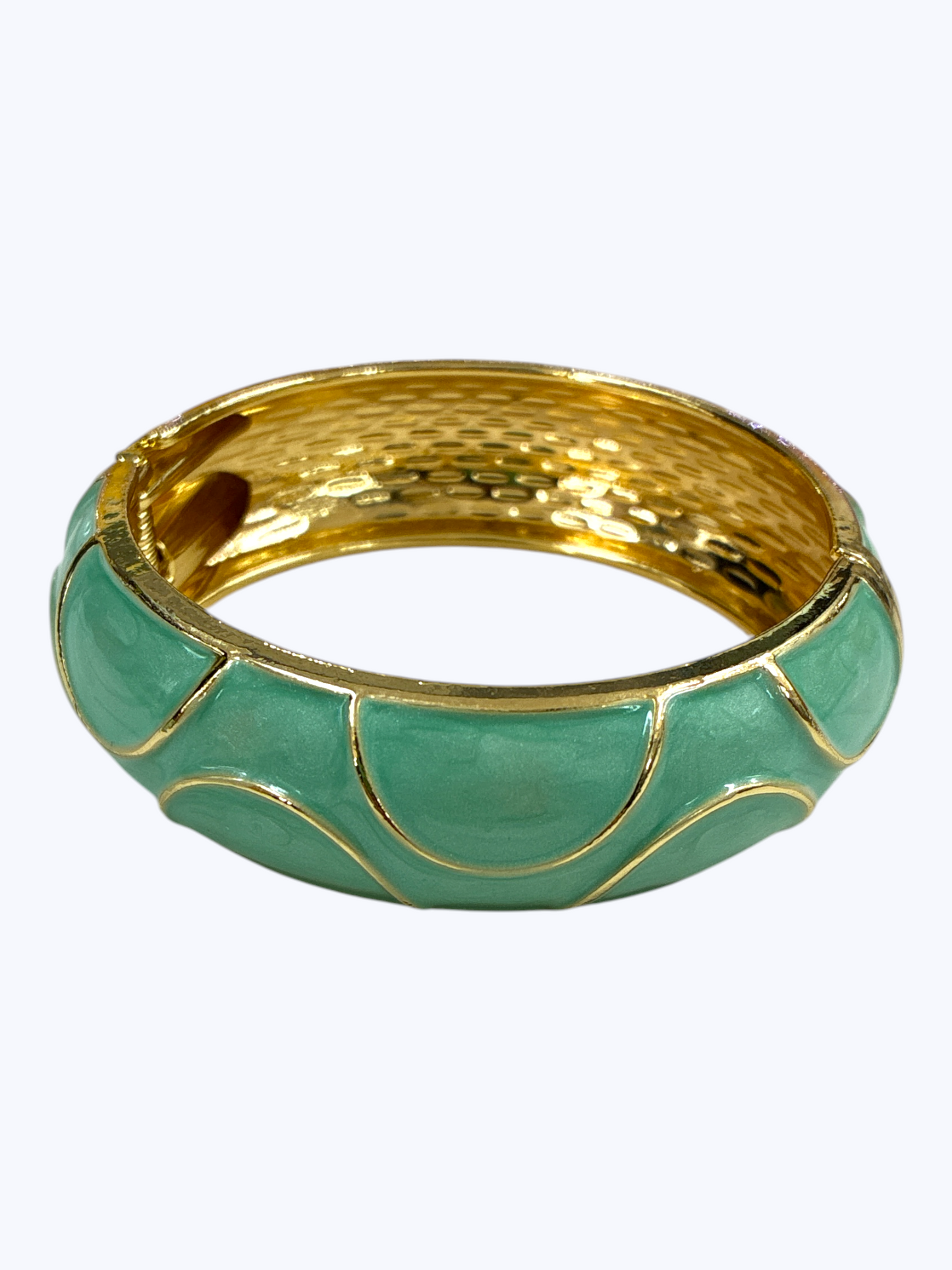 Gold-tone hinged bangle bracelet with glossy mint enamel accents and textured metallic finish for a fresh boutique-inspired look.