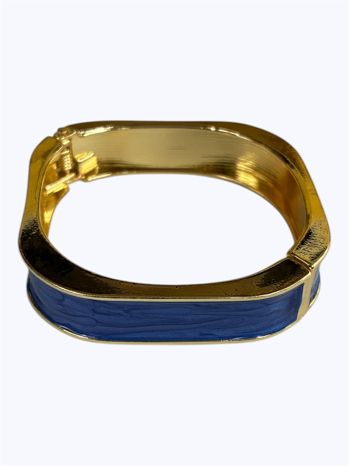 Gold hoop earring with blue interior on a white background