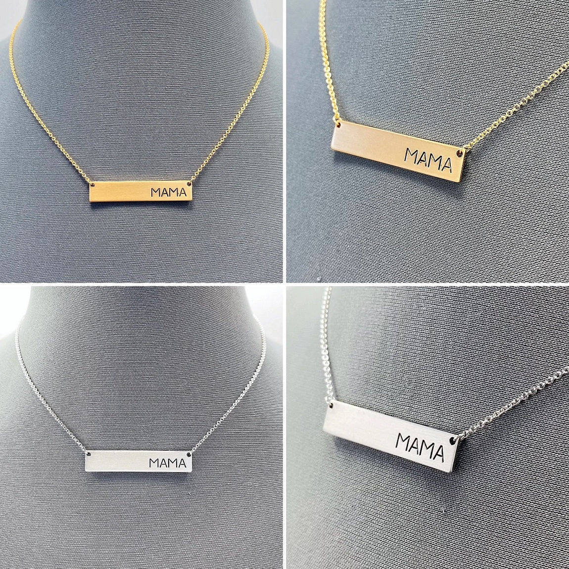 A collection of four necklaces with metal bars engraved with the word 'MAMA', displayed on a mannequin. Two necklaces are gold-colored, and two are silver-colored.