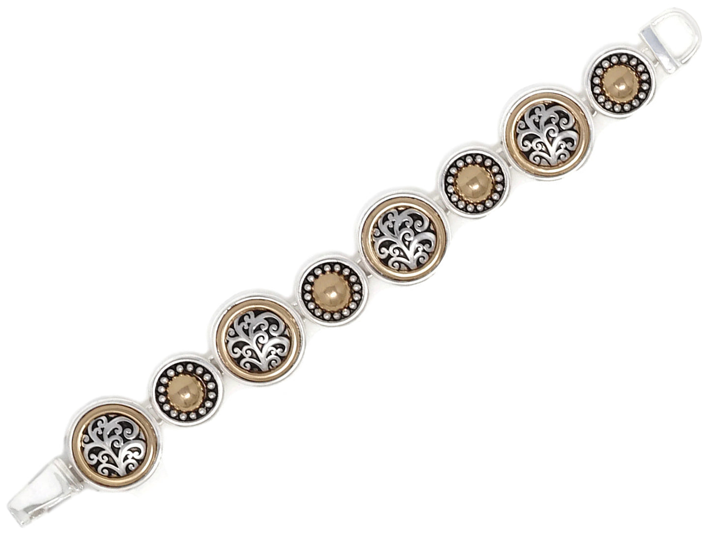 Two-tone link bracelet featuring ornate filigree medallions, textured accents, and vintage-inspired detailing.