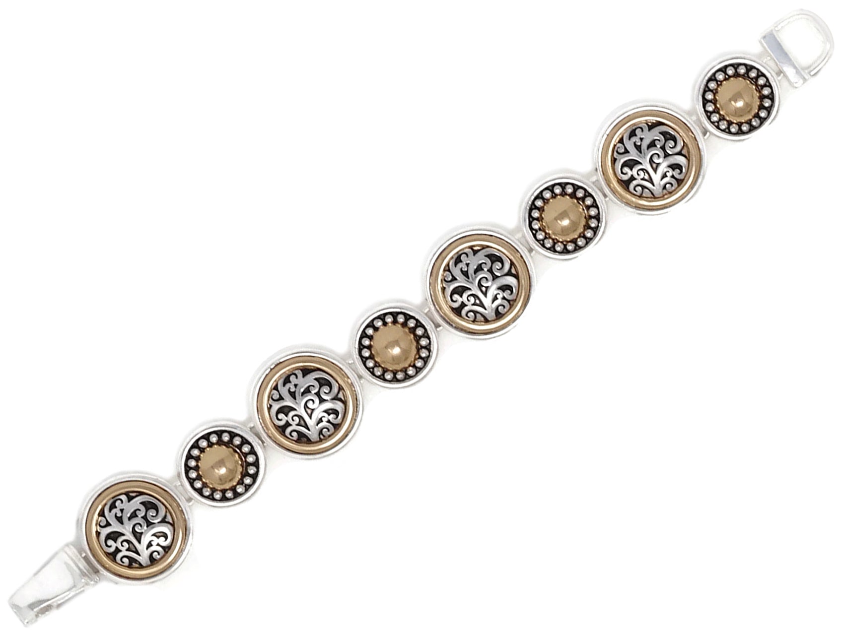 Two-tone link bracelet featuring ornate filigree medallions, textured accents, and vintage-inspired detailing.
