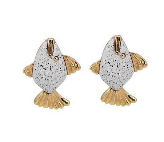 Pair of fish-shaped earrings with gold and silver finish on a white background