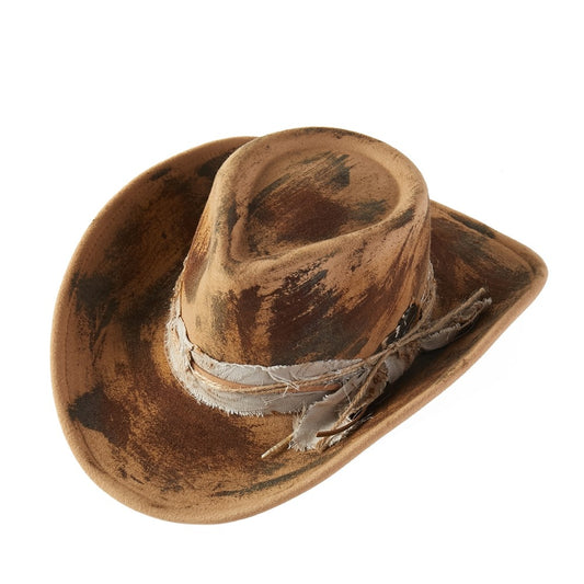 Brown cowboy hat with wear and tear on a white background