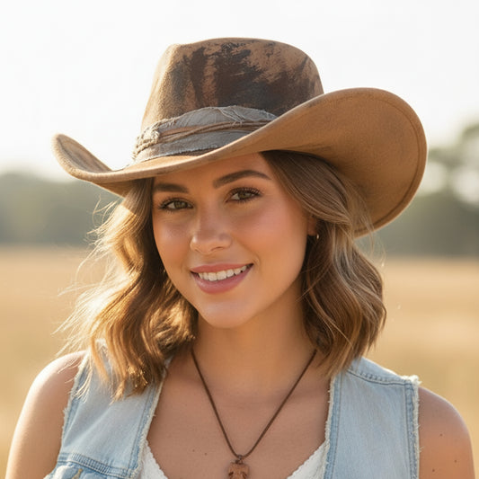 Woman wearing a brown cowboy hat in an outdoor setting