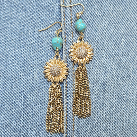 E1231 GE3335 Sunflower Chain Tassel Drop Dangle Earrings
