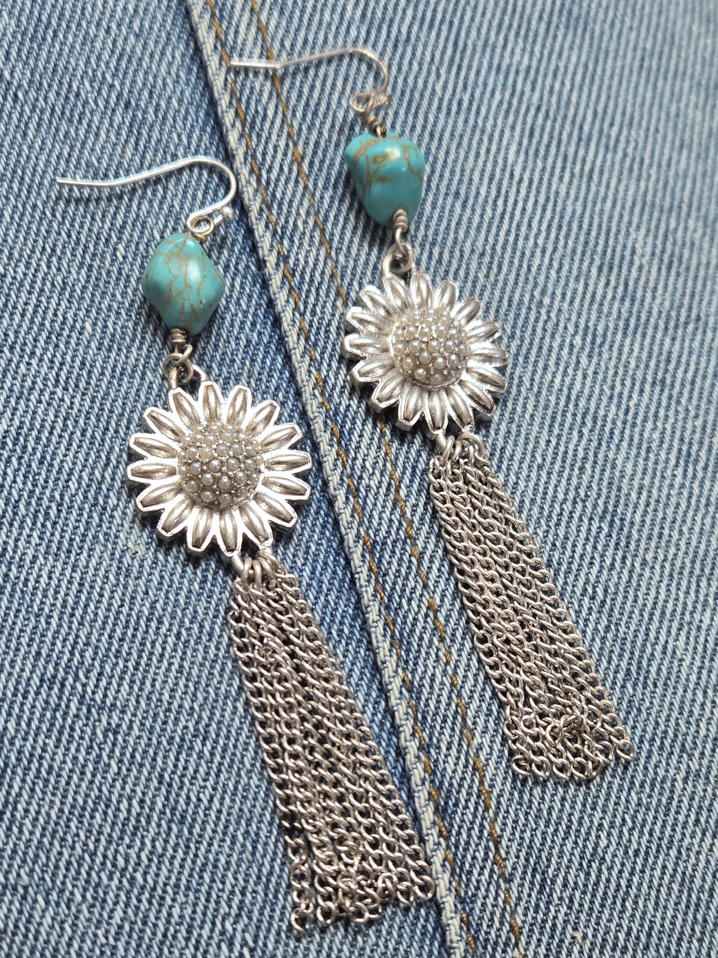 E1231 GE3335 Sunflower Chain Tassel Drop Dangle Earrings
