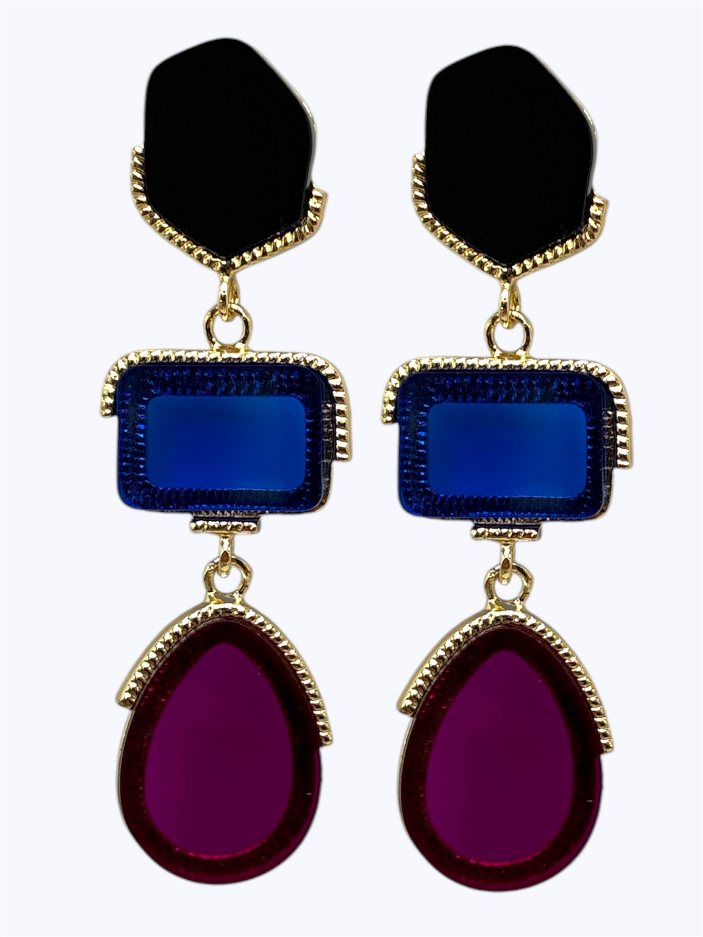 Geometric triple drop dangle earrings with gold trim and resin pendant accents in a bold boutique fashion design.
