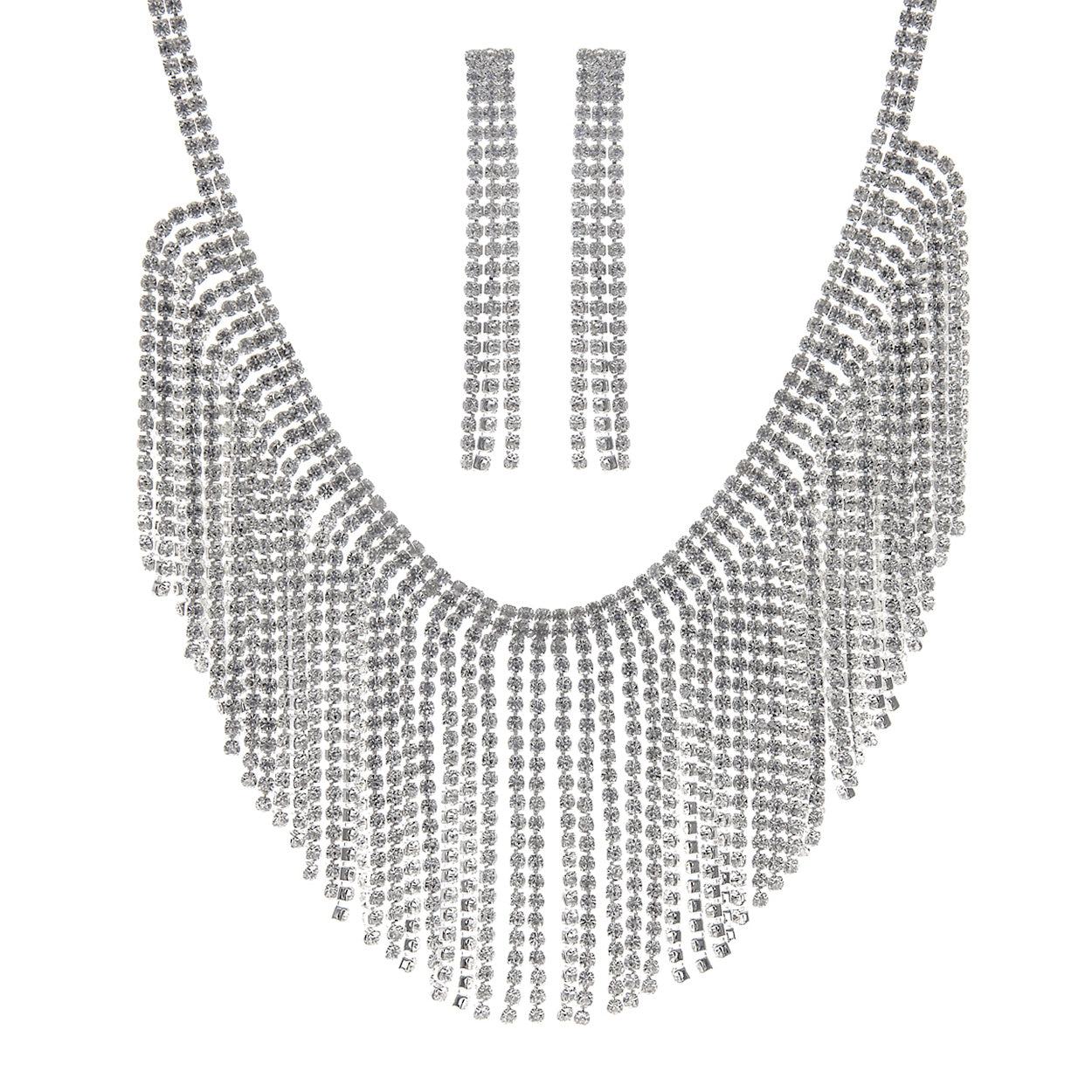 Silver necklace with fringe design on a white background