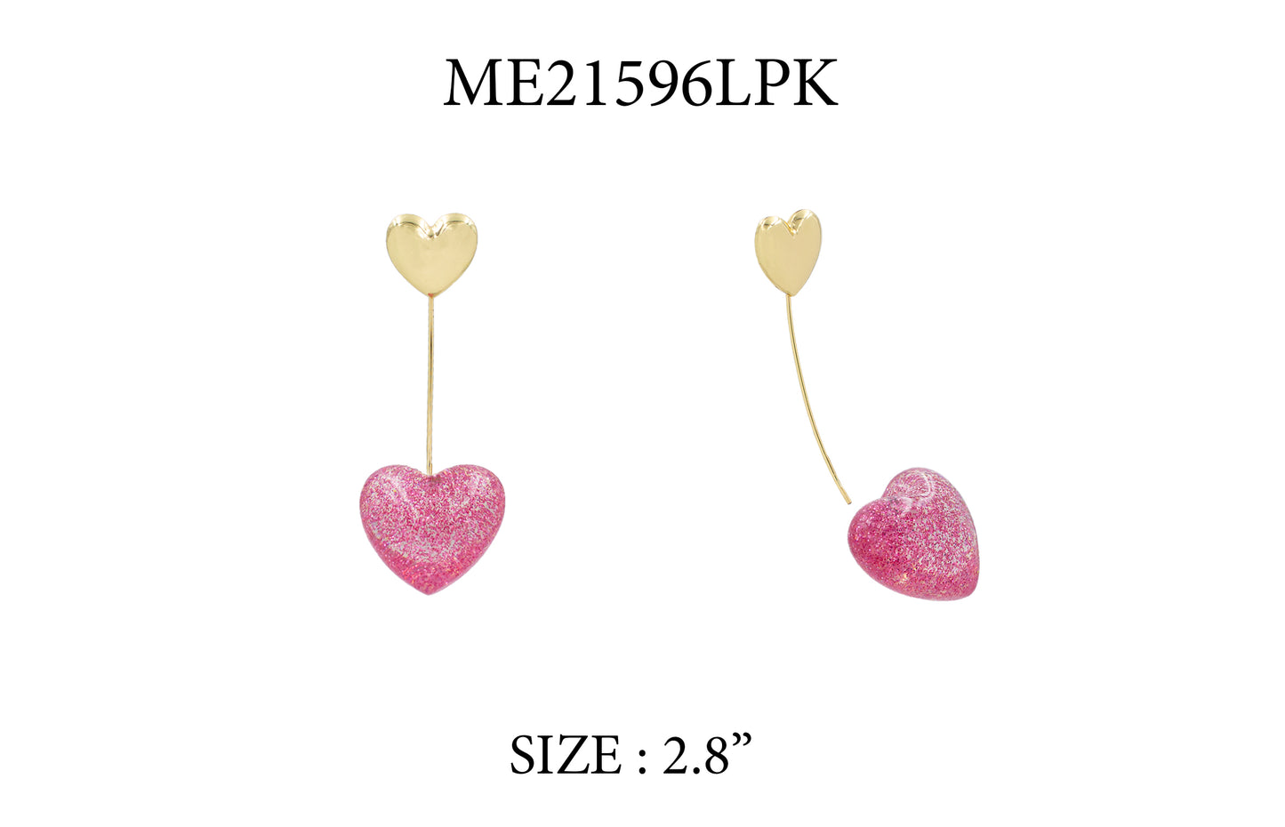 Heart-shaped earrings with pink hearts and gold stems on a white background, labeled ME21596LPK.