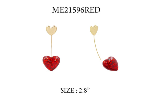 Heart-shaped earrings with gold stems on a white background, labeled ME21596RED.