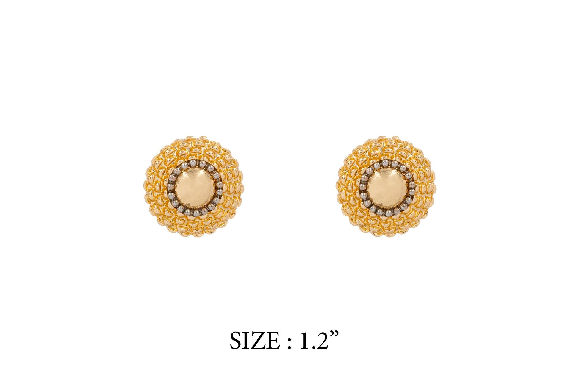 Pair of gold beaded earrings on a white background with size label '1.2"'.