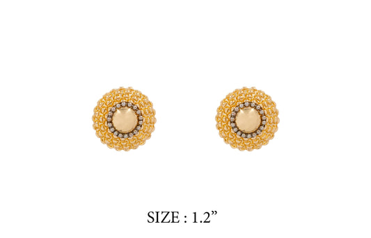 Pair of gold beaded earrings on a white background with size label '1.2"'.