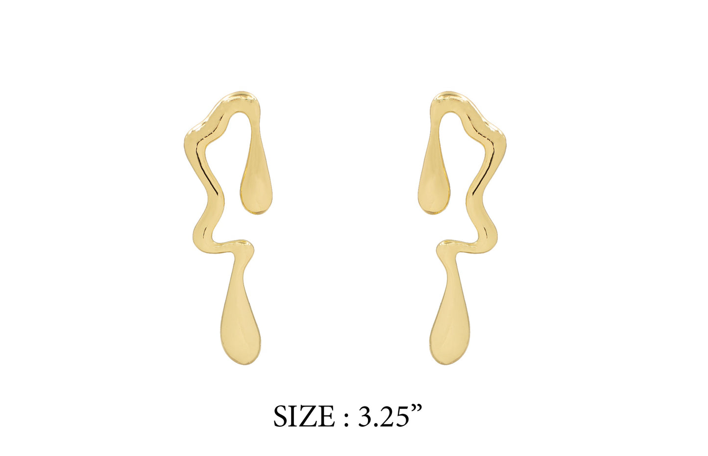 Gold earrings on a white background with size label