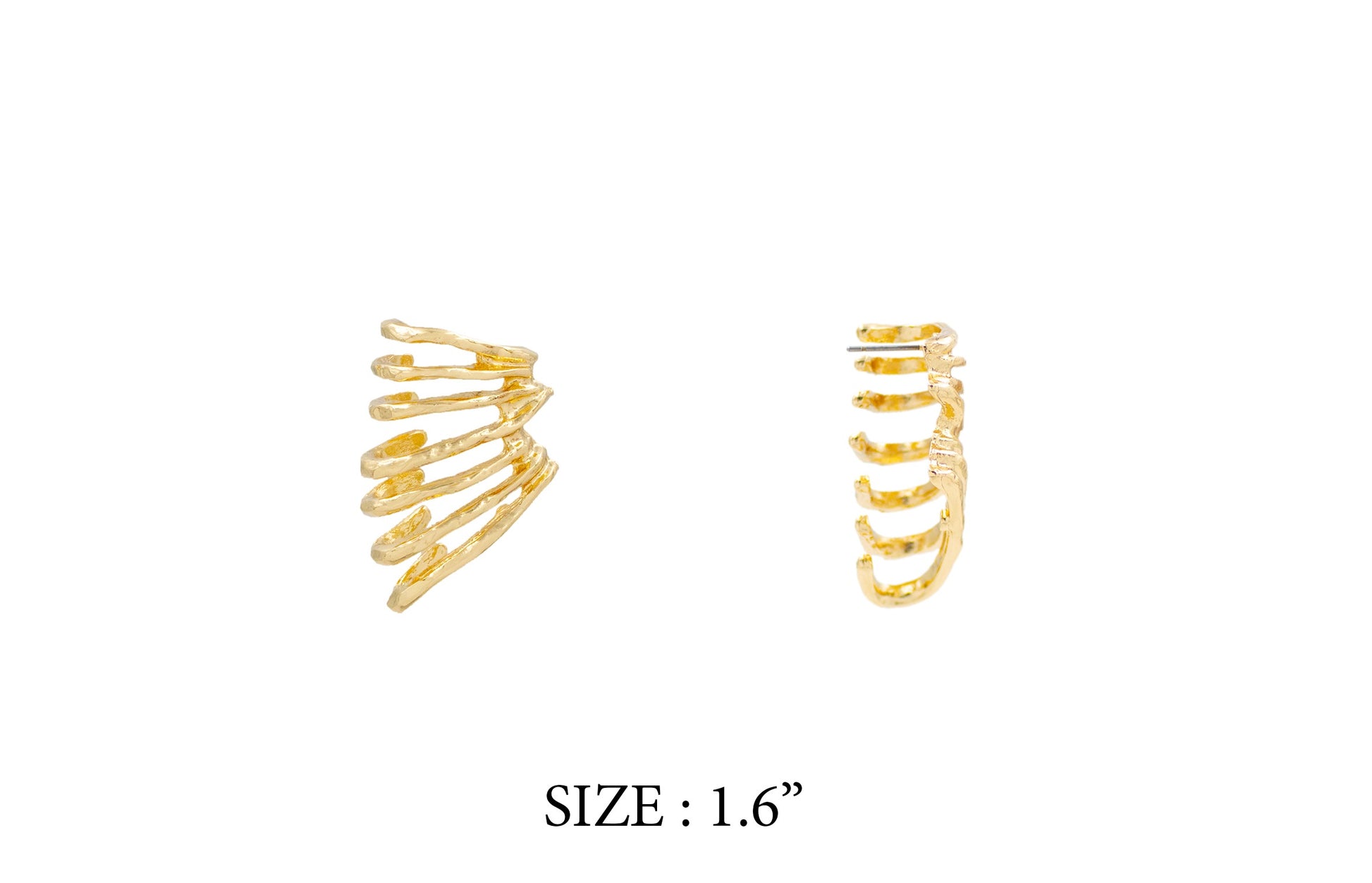 Gold post back earrings on a white background with size label '1.6"'.