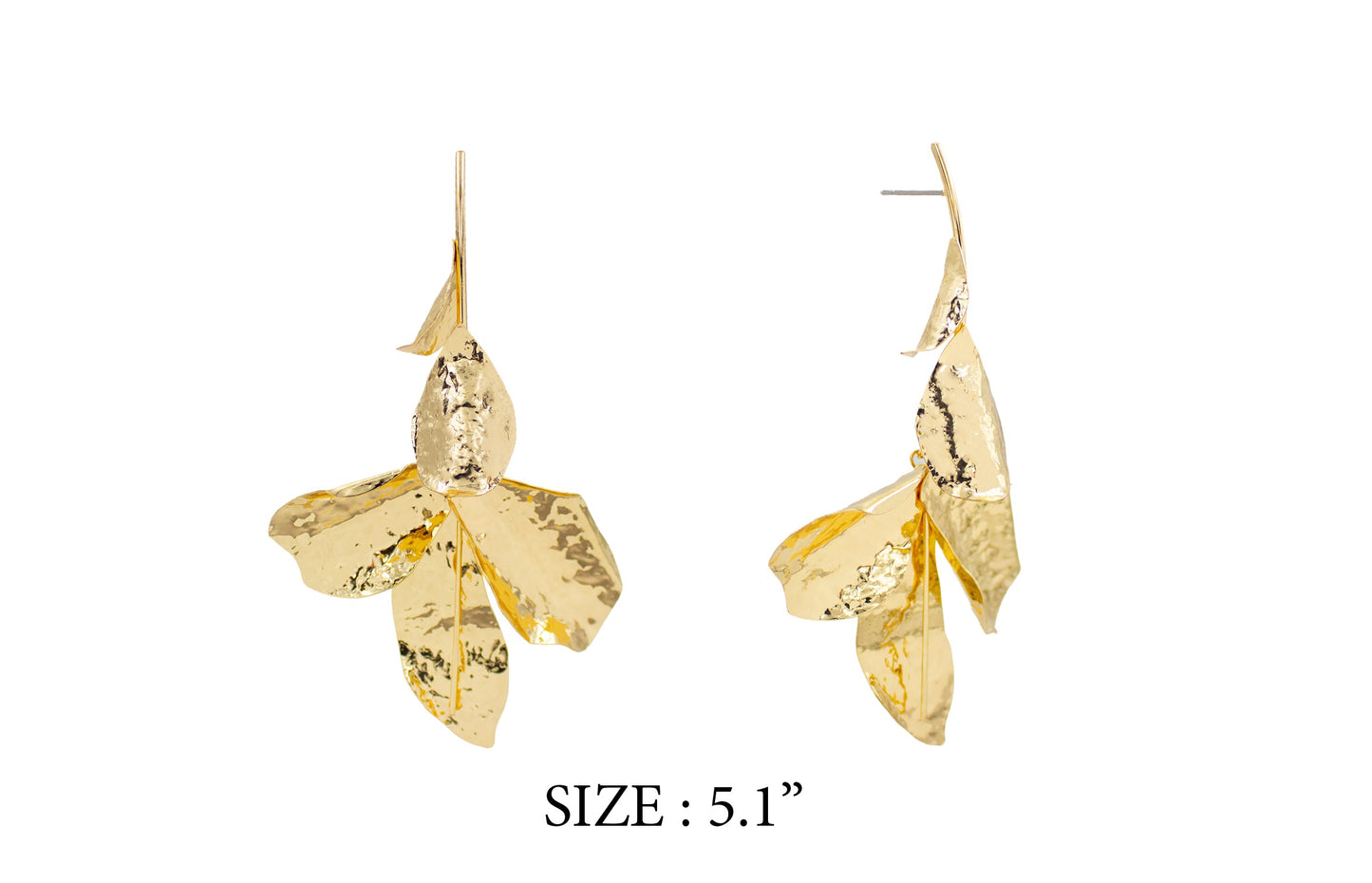 Gold leaf earrings on a white background with size label.