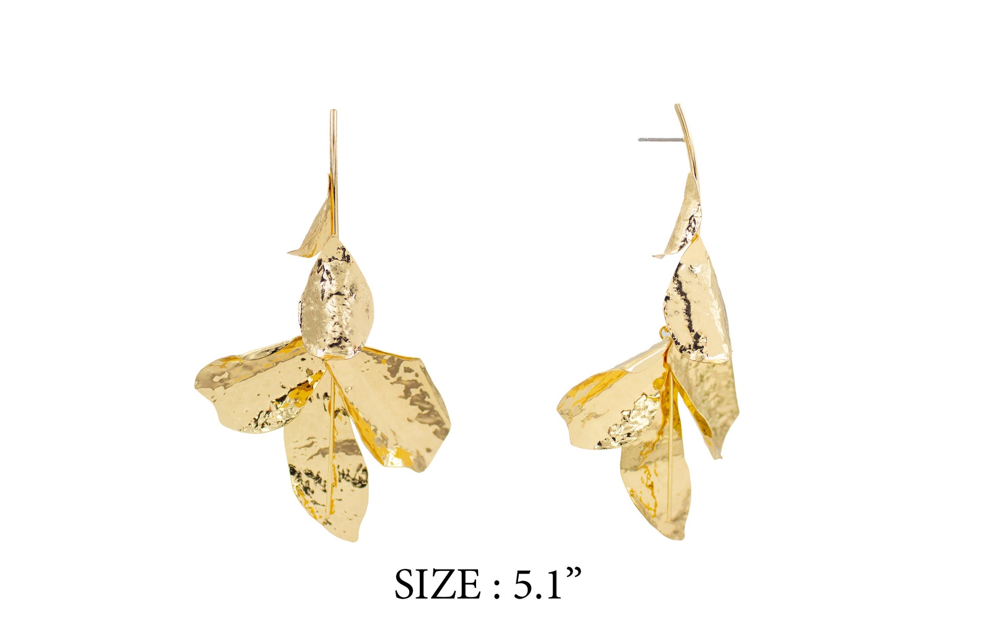 Gold leaf earrings on a white background with size label.