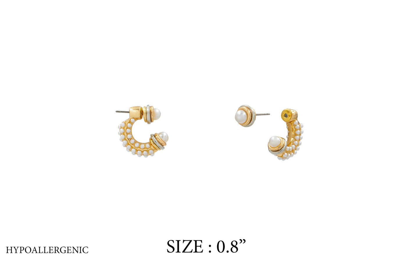 Gold hoop earrings with pearls on a white background
