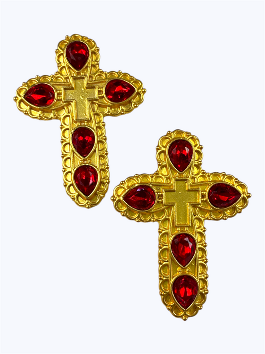 Gold cross statement earrings with red gemstone accents and ornate vintage-inspired detailing