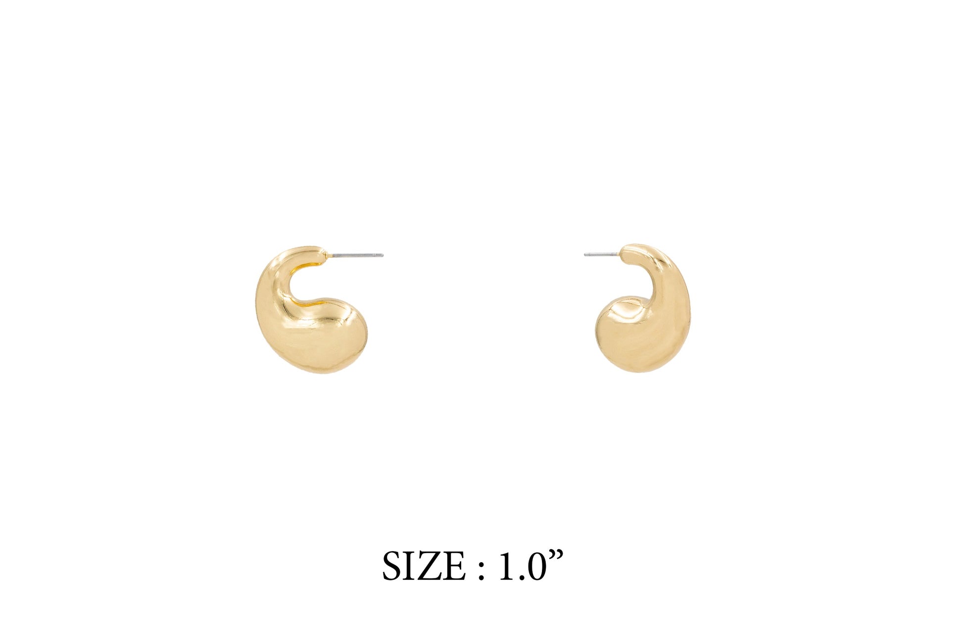 Gold post earrings on a white background with size label '1.0”'.