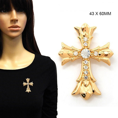 Gold cross pendant on a mannequin and close-up on a white background