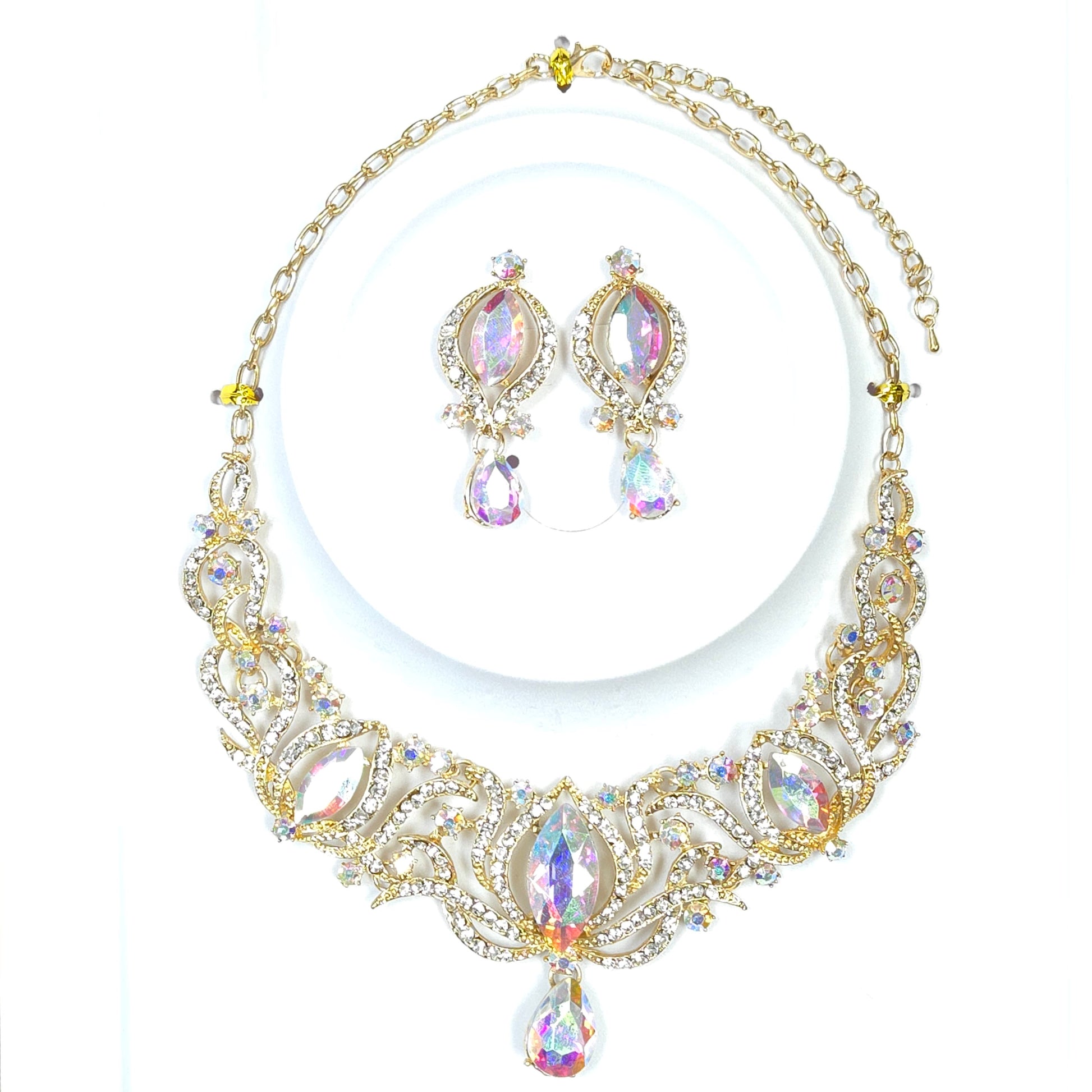 Jewelry set with necklace and earrings featuring crystals on a white background