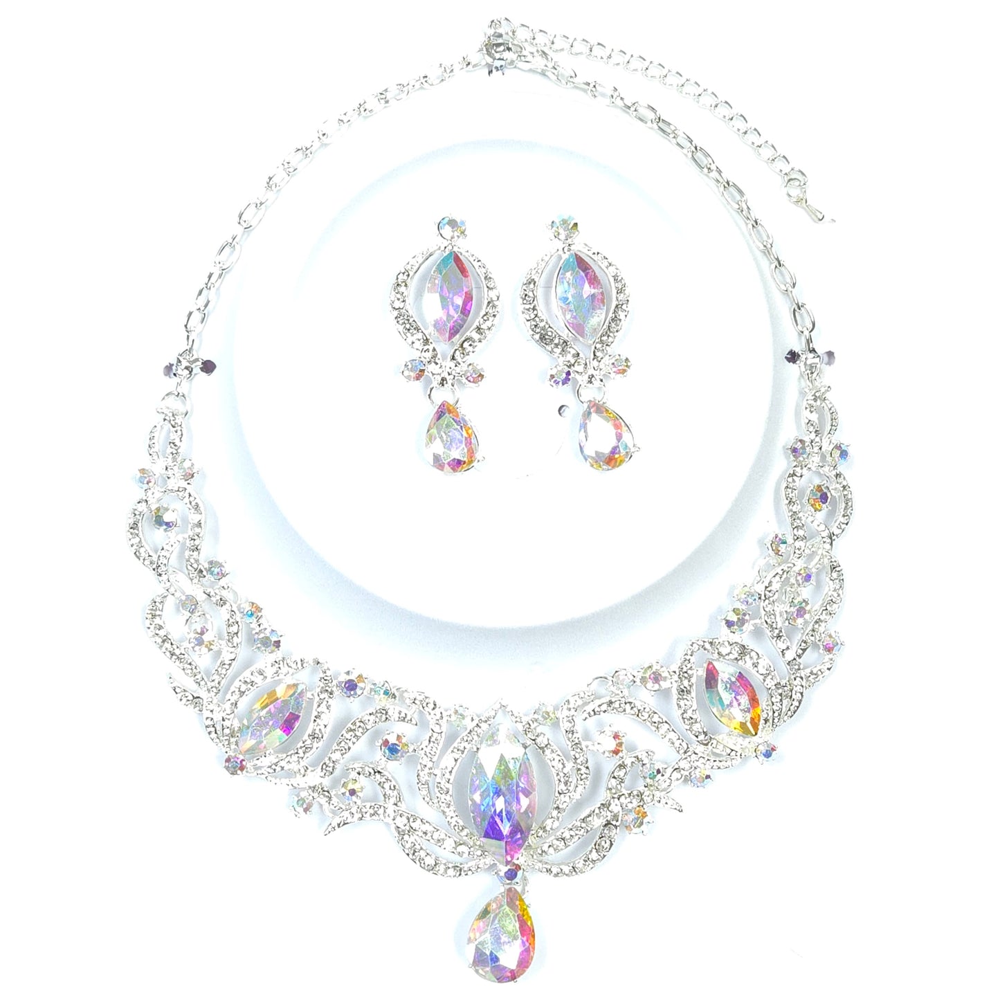 Jewelry set with necklace and earrings featuring multicolored crystals on a white background