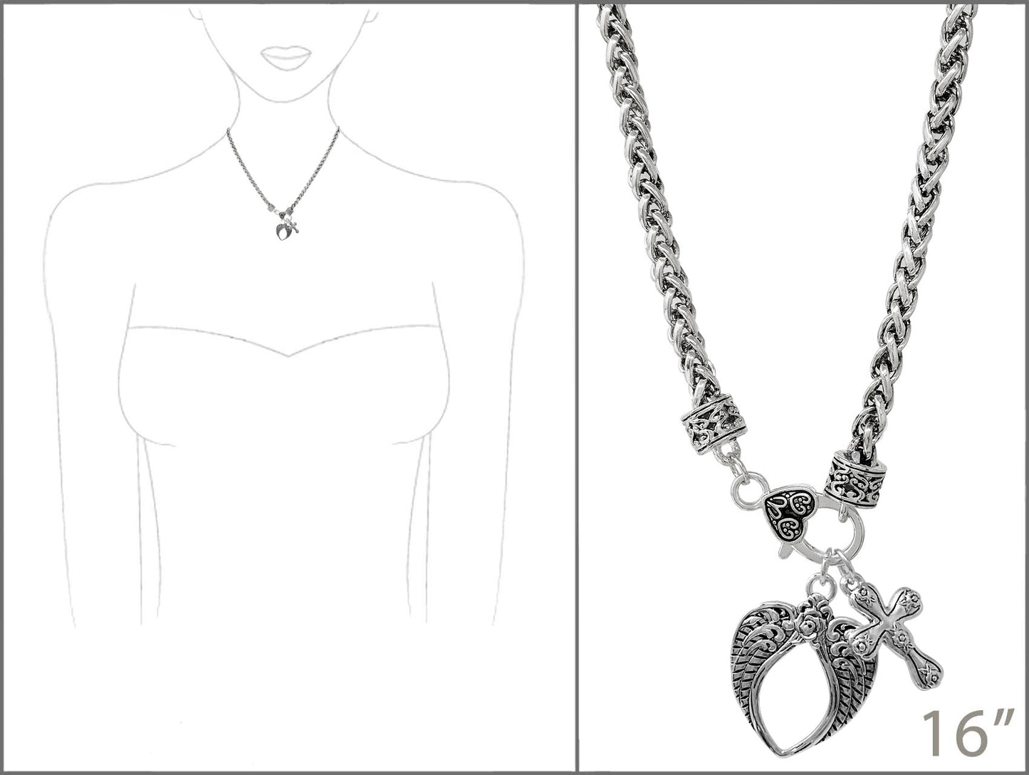 Silver necklace with a heart and arrow pendant on a white background