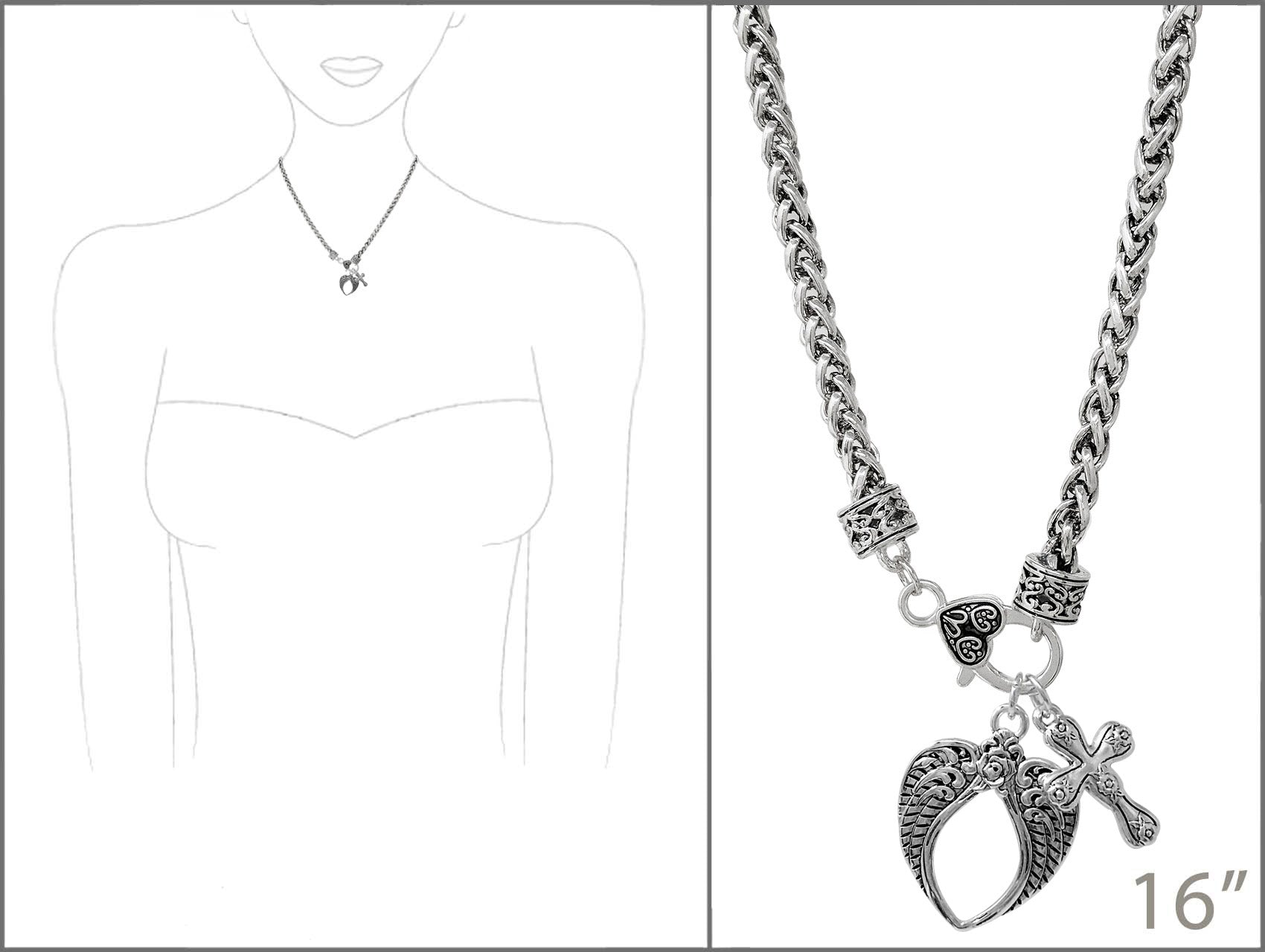 Silver necklace with a heart and arrow pendant on a white background