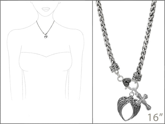 Silver necklace with a heart and arrow pendant on a white background