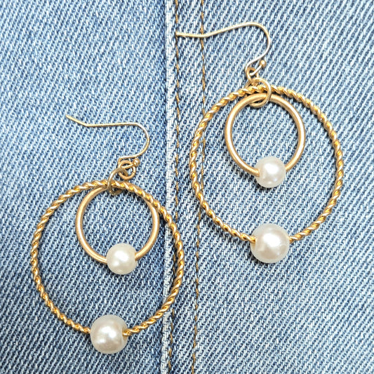 E1022 HE2708 Pearl Accented Double Circle Linked Drop Dangle Hook Earrings