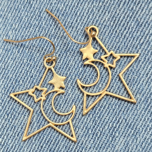 E1159 HE3116 Moon Star Design Drop Dangle Earrings